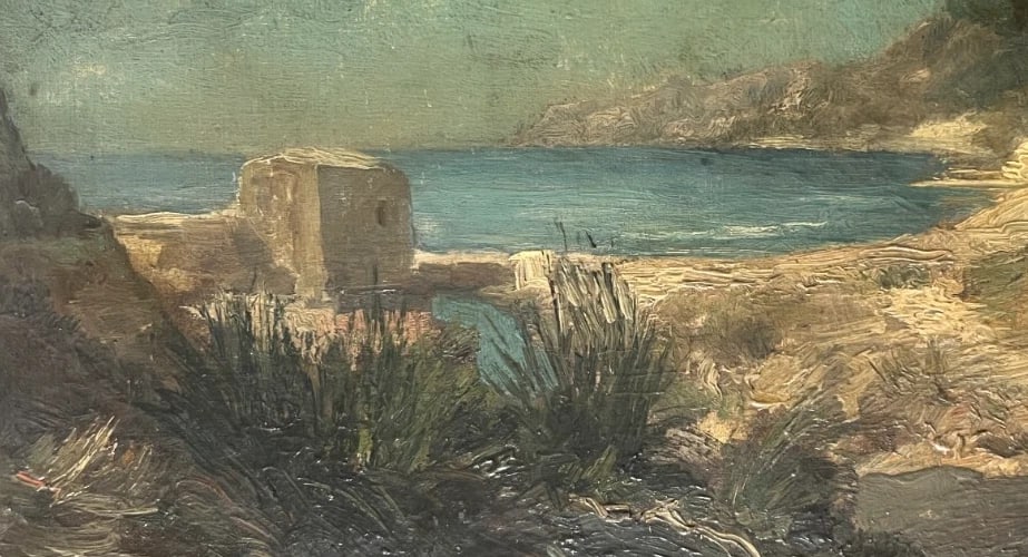 Antique Oil Original Painting Seaview, Tree, House, Seascape - 4