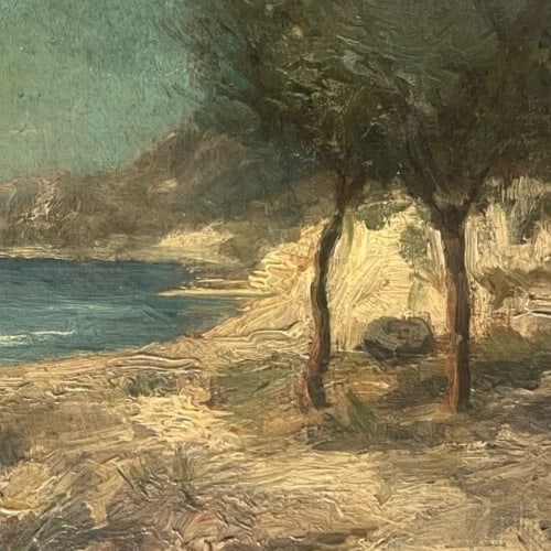 Antique Oil Original Painting Seaview, Tree, House, Seascape - 5