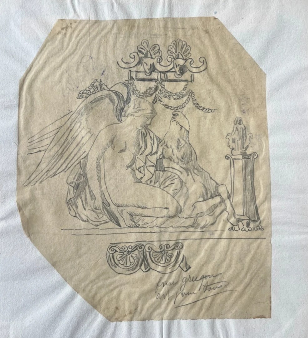 Antique Original Drawing Figue Woman, Portrait Mythology 19th century: Title: Antique Original Drawing Figure Woman, Portrait Mythology 19th century Description: Pencil on tracing paper 21 x 19.5 cm / 8.26 x 7.67 inches laminated on paper, folds Reserve: $100.00 Shipping