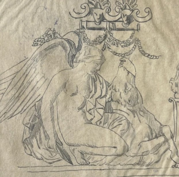 Antique Original Drawing Figue Woman, Portrait Mythology 19th century - 3