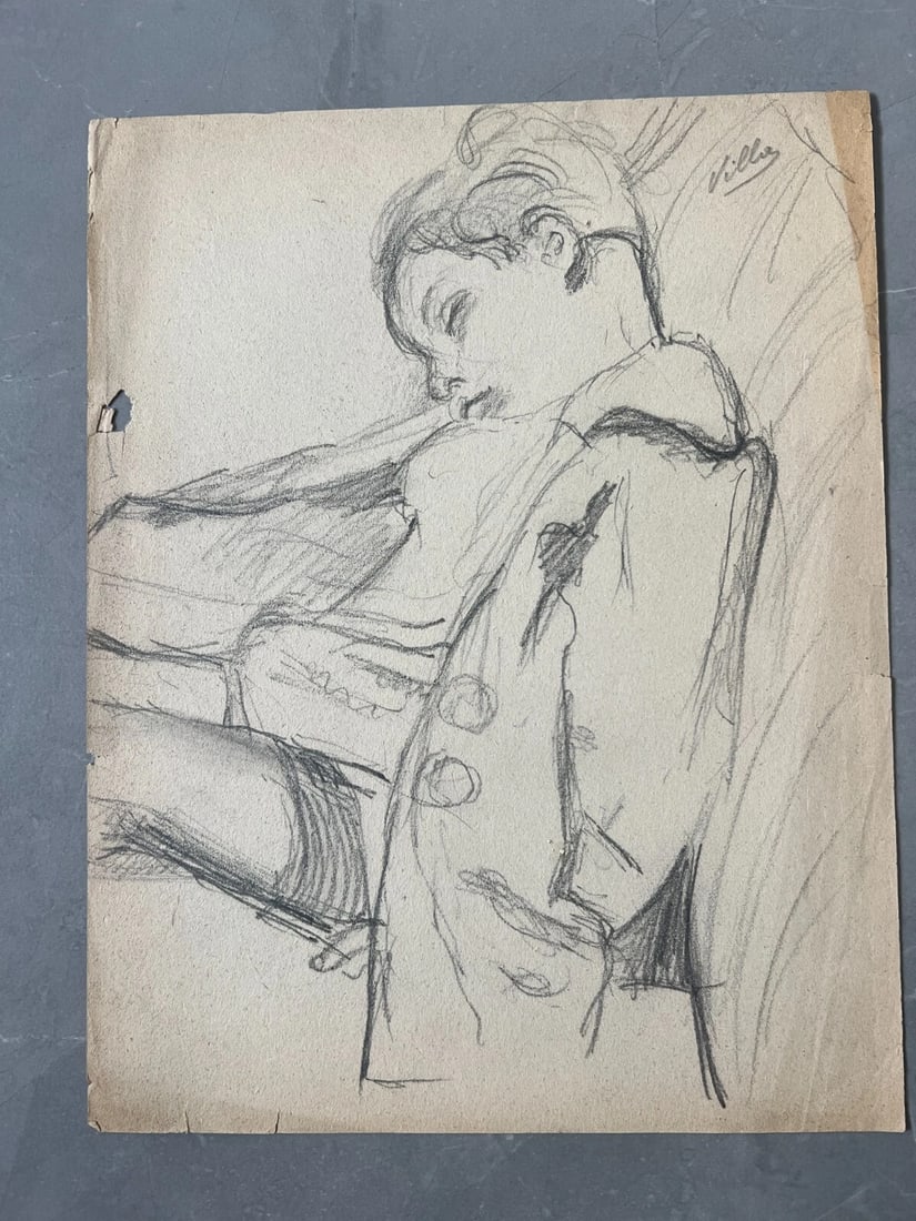 Antique Original Drawing Boy Portrait Child Sleeping 19th century - 2