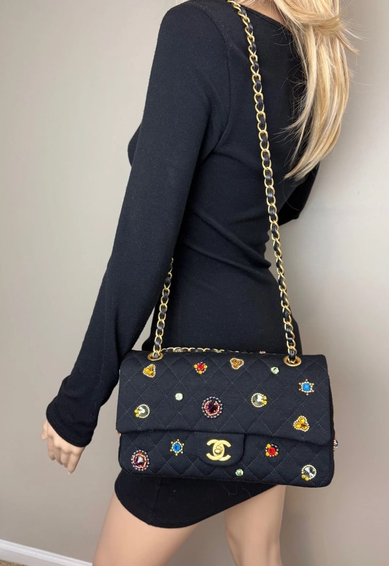 Chanel Jersey Knit Quilted Crystal Embellished Medium Double Flap Bag - 18