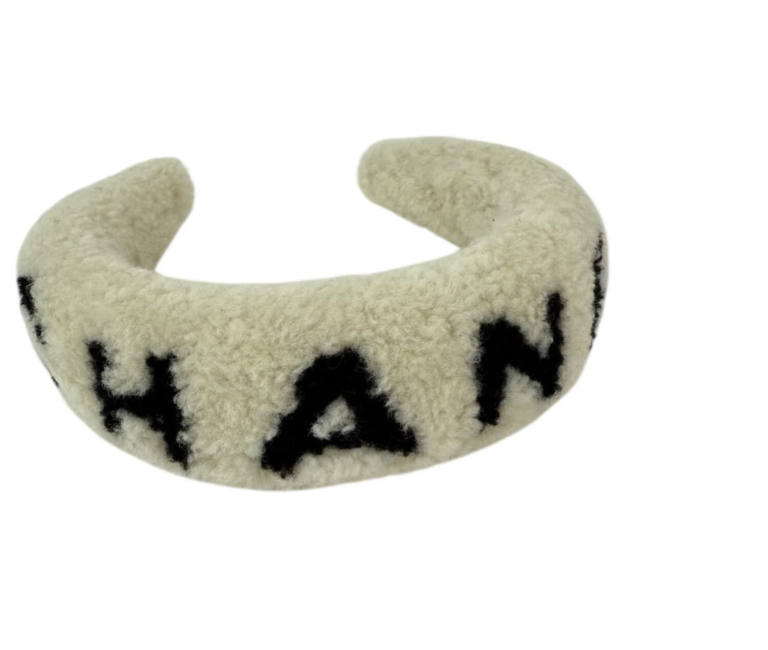 Chanel Shearling Logo Ecru Black Headband (1 of 11)