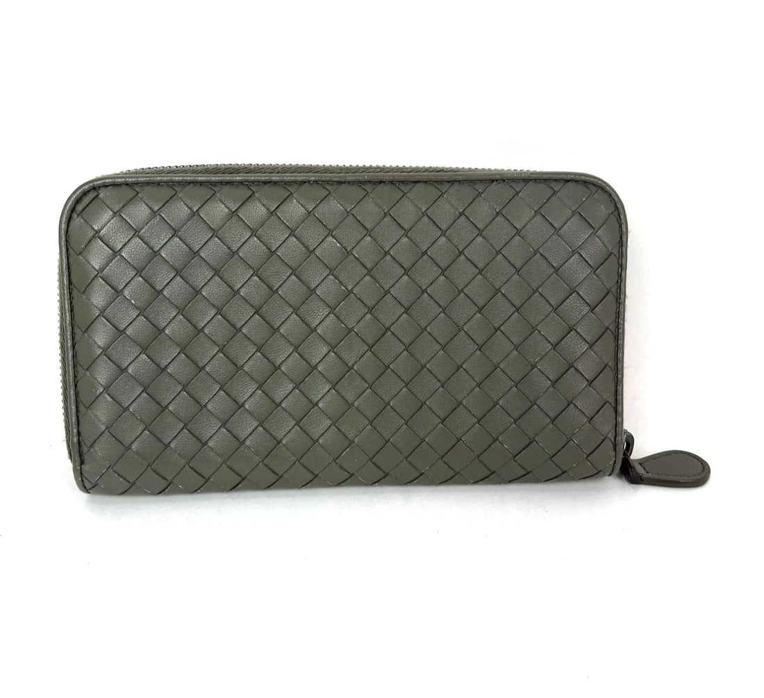 Bottega Veneta Gray Intrecciato Zip Around Leather Wallet Clutch - 2