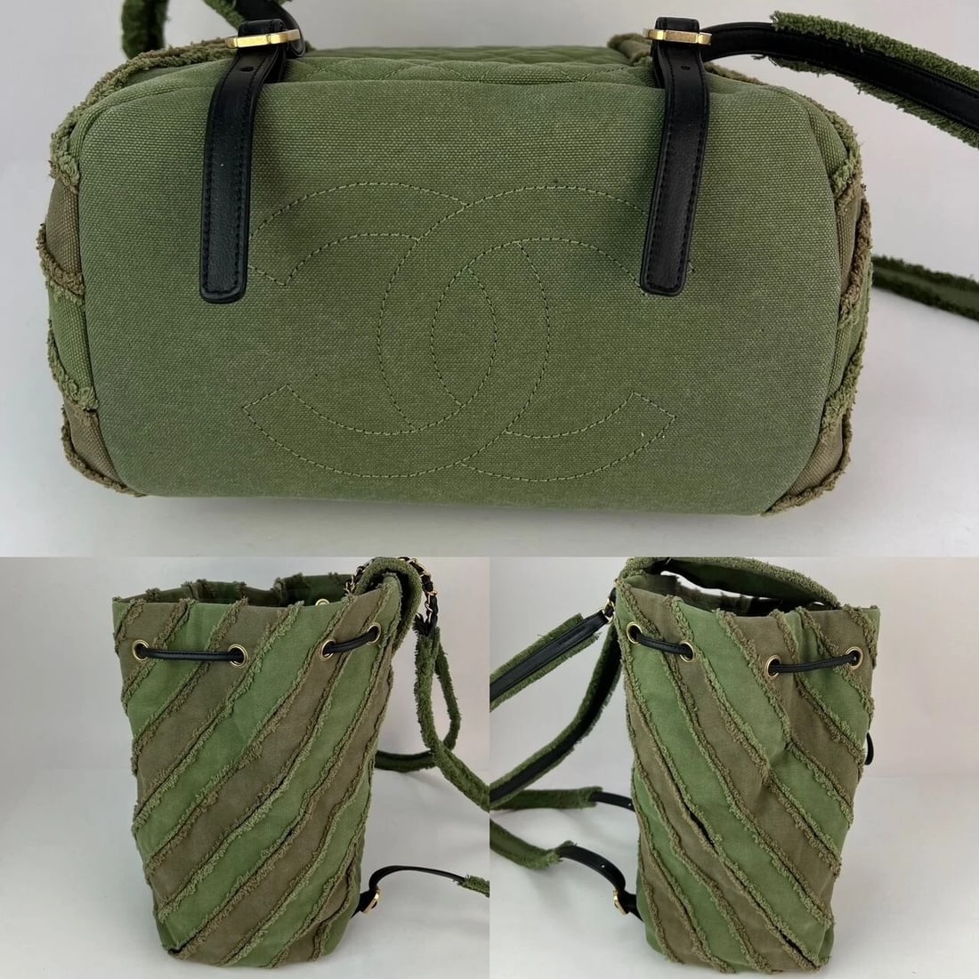 CHANEL Backpack Canvas Chevron Cuba Patchwork Khaki Green Backpack - 5