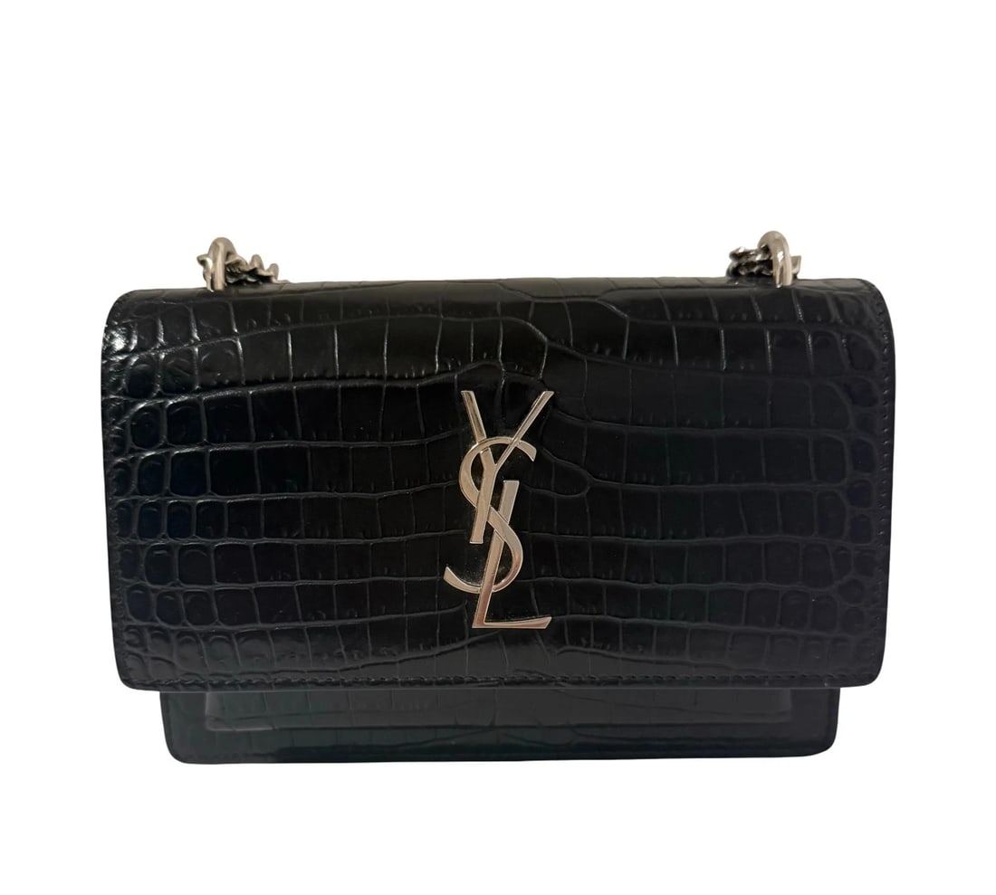 Saint Laurent Black Leather Sunset Wallet Chain Crocodile EmbossedBag (1 of 15)