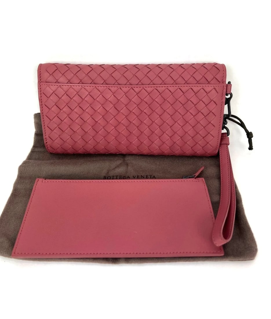 Bottega Veneta Intrecciato Pink Leather Flap Wallet Wristlet - 2