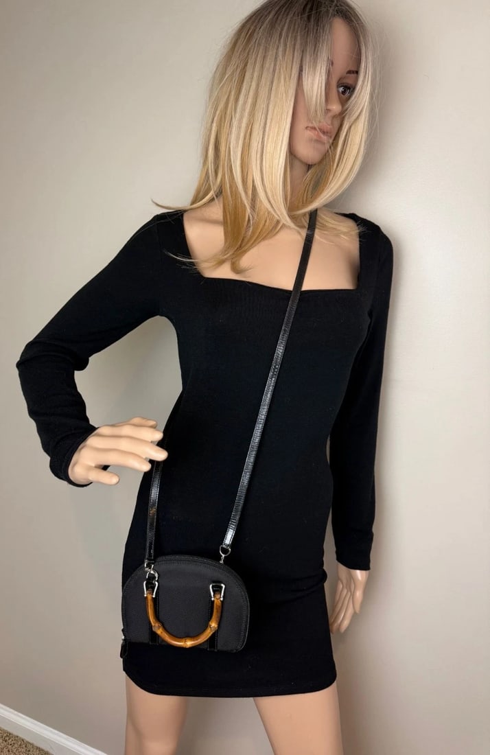 Gucci Bamboo Half Moon Mini Black Canvas Crossbody Bag - 13