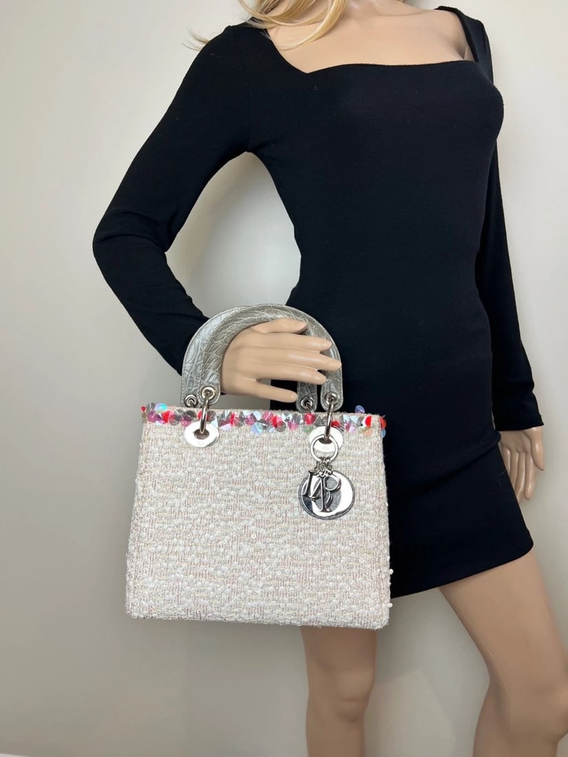 Christian Dior Sequins Tweed Medium Lady Dior Light Pink Bag - 11