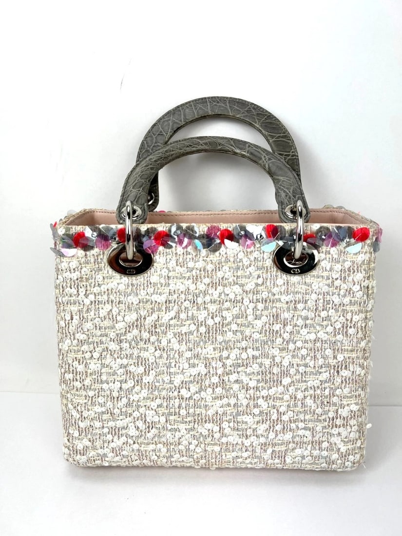 Christian Dior Sequins Tweed Medium Lady Dior Light Pink Bag - 2