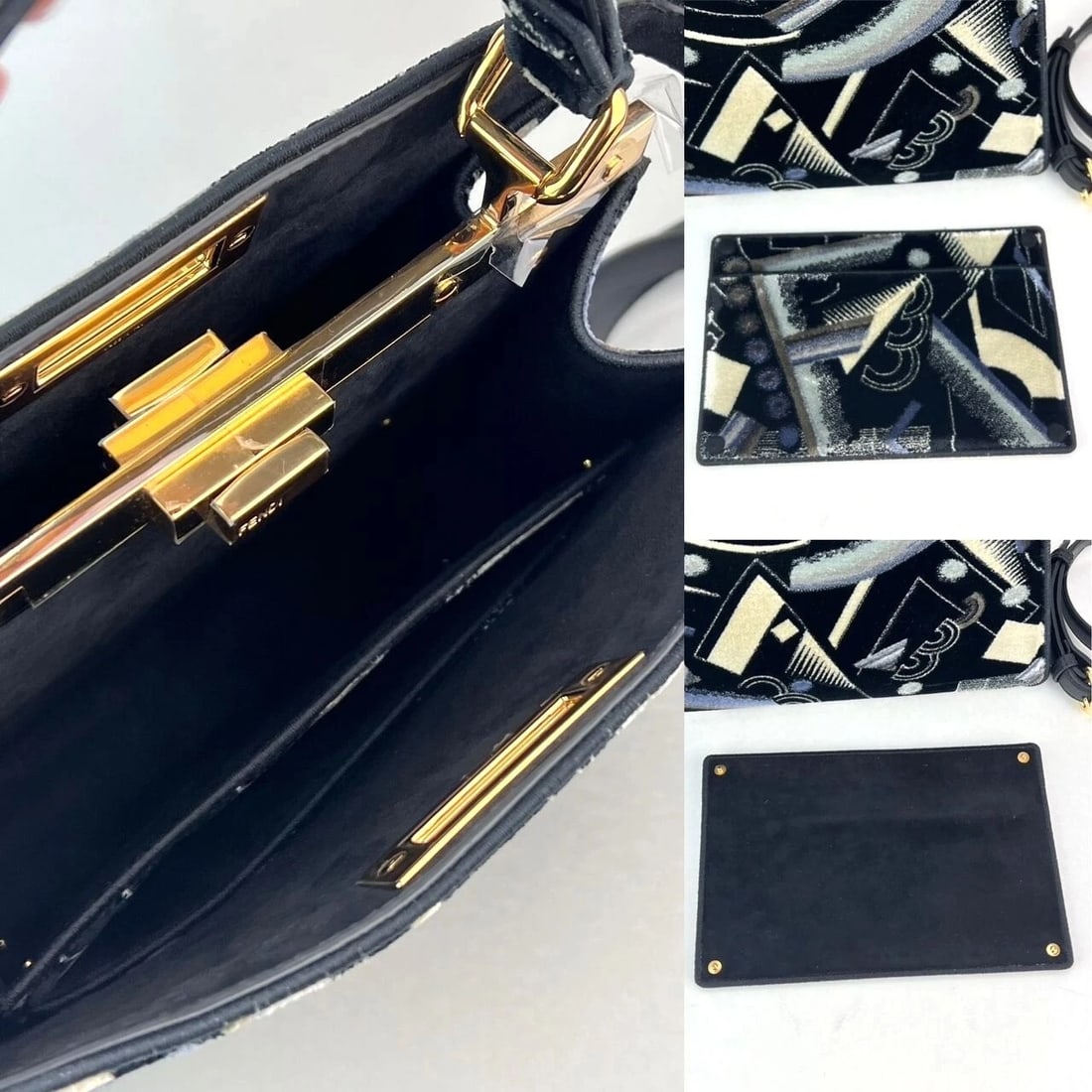 Fendi Peekaboo I see u Medium Printed Velvet Black Blue Satchel Bag - 3