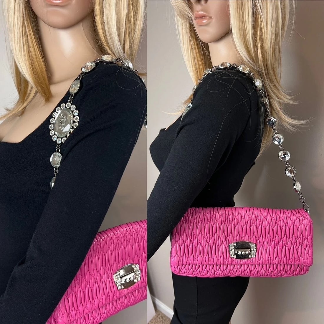 Miu Miu Pink Lambskin Nappa Crystal Shoulder Clutch Bag - 8