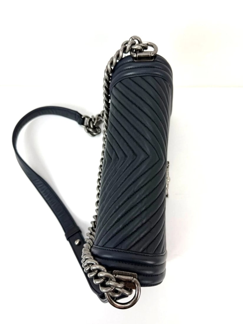 CHANEL Lambskin Chevron Quilted Medium Boy Flap Navy Blue Shoulder Bag - 13