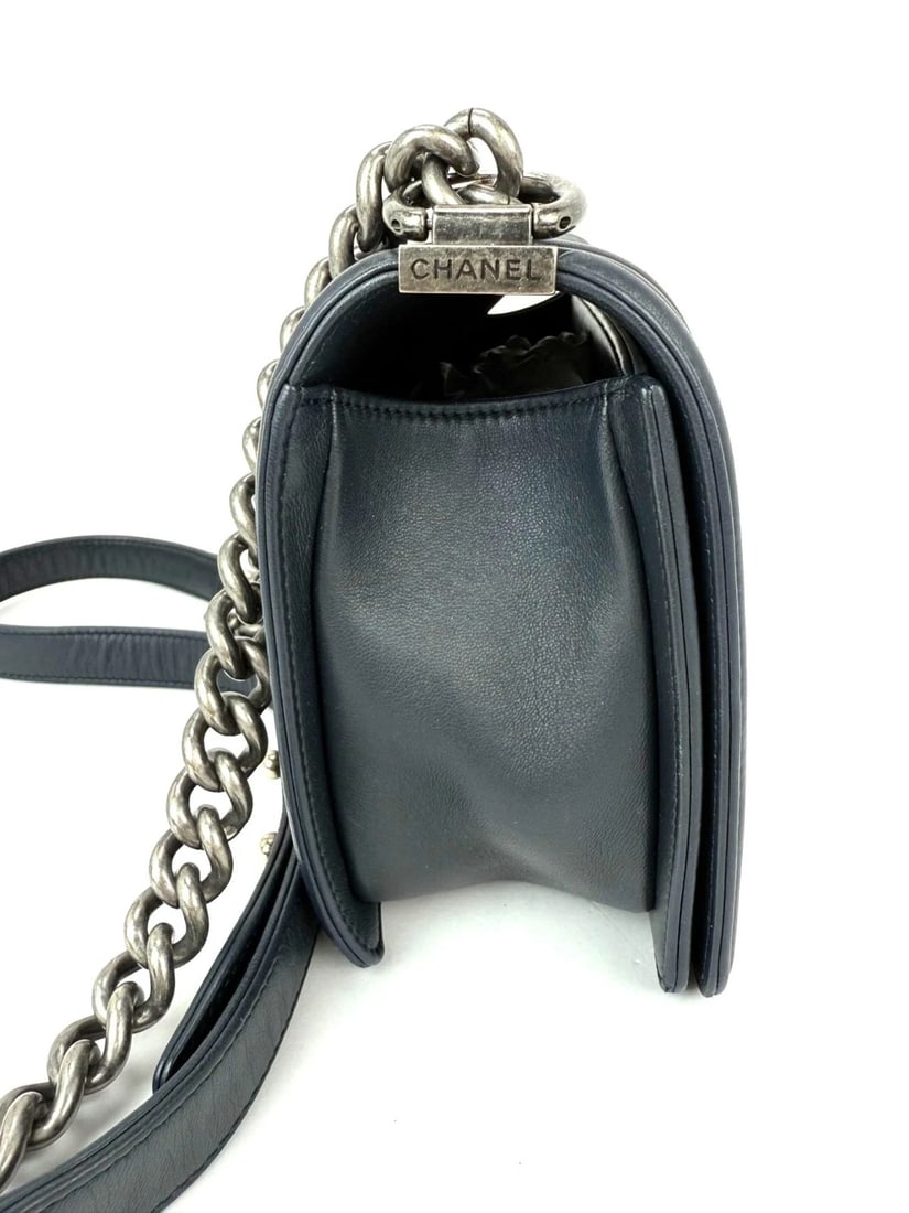 CHANEL Lambskin Chevron Quilted Medium Boy Flap Navy Blue Shoulder Bag - 14