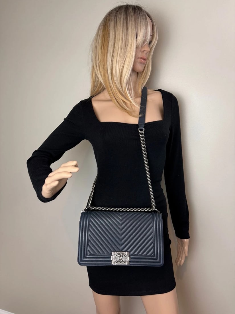 CHANEL Lambskin Chevron Quilted Medium Boy Flap Navy Blue Shoulder Bag - 16
