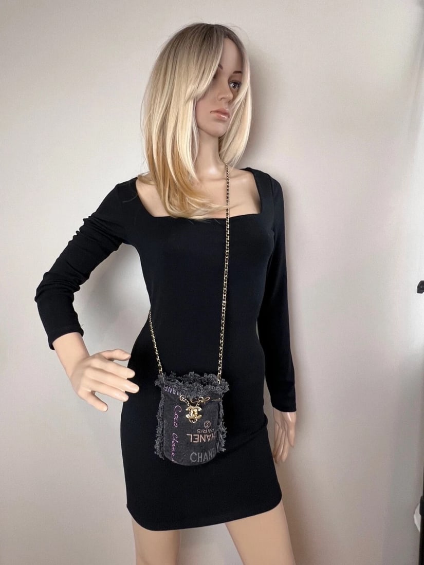 Chanel Denim Quilted Mood Mini Bucket With Chain Black - 10