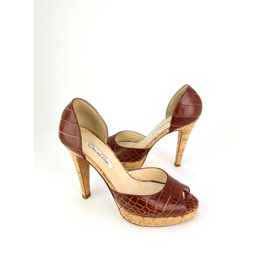 Oscar de la Renta Peep Toe Crocodile Cork Heel Shoe - 4