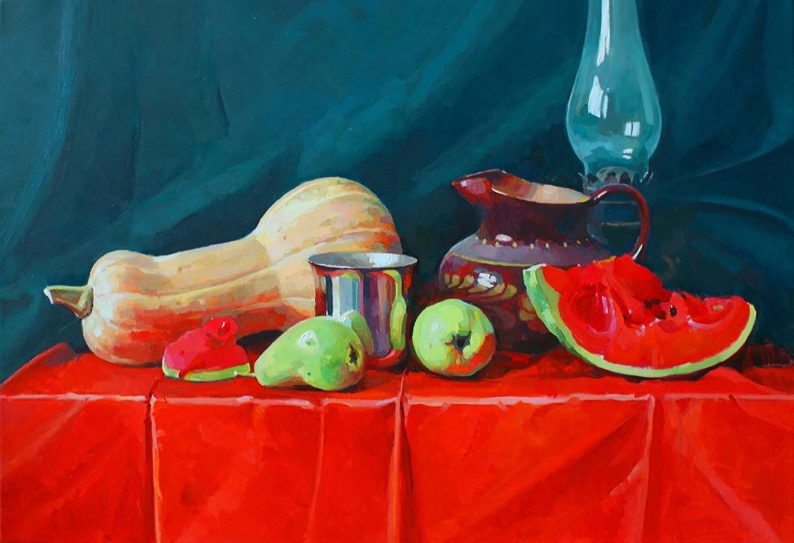 Oil painting Still life with pumpkin and watermelon Anastasia Yaroshevich: Title: Oil painting Still life with pumpkin and watermelon Anastasia Yaroshevich Description: 27YARO Painter: Anastasia Yaroshevich Size: 45x65 cm/17.71x25.59 inches Components: oil, canvas Original
