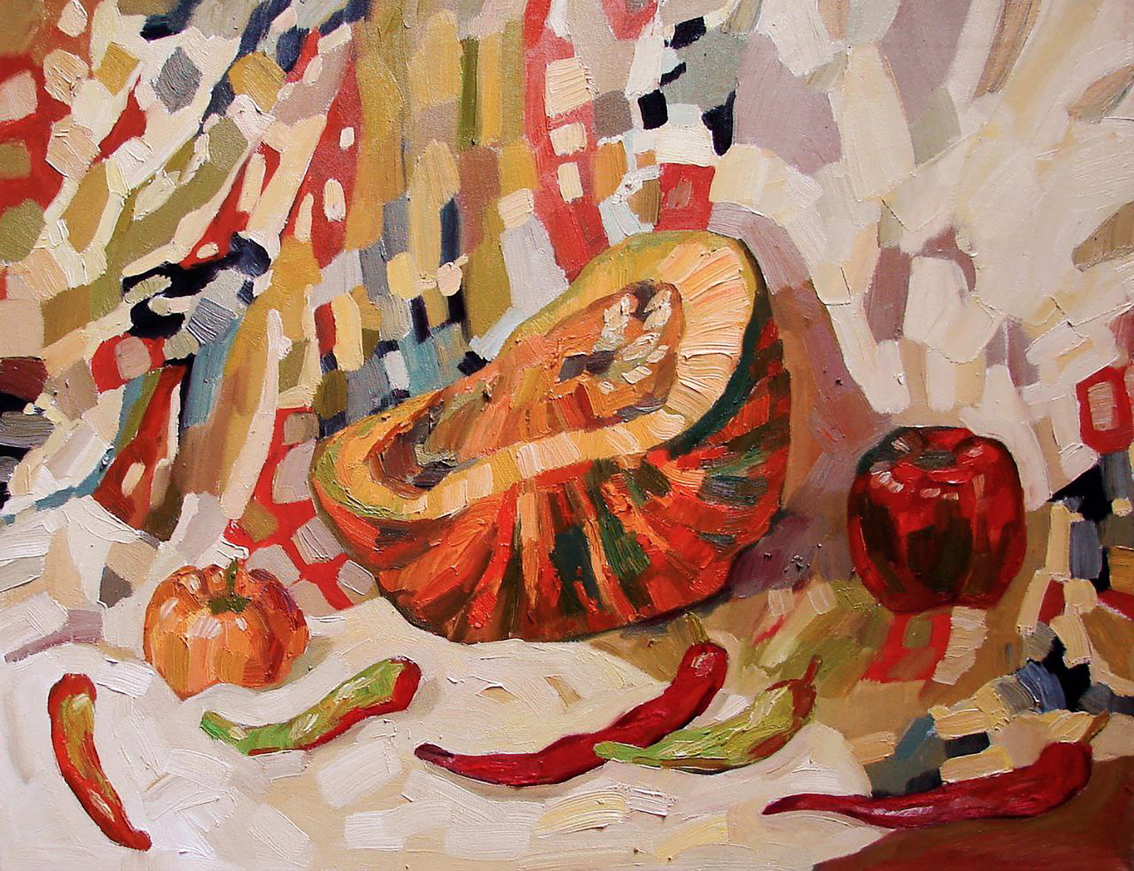 Oil painting Big pumpkin Tatyana Shulyak: Title: Oil painting Big pumpkin Tatyana Shulyak Description: 4SHUL Painter: Tatyana Shulyak Size: 55x70 cm/21.65x27.55 inches Components: oil, canvas Original painting CONDITION: excellent ARTIST: Tat