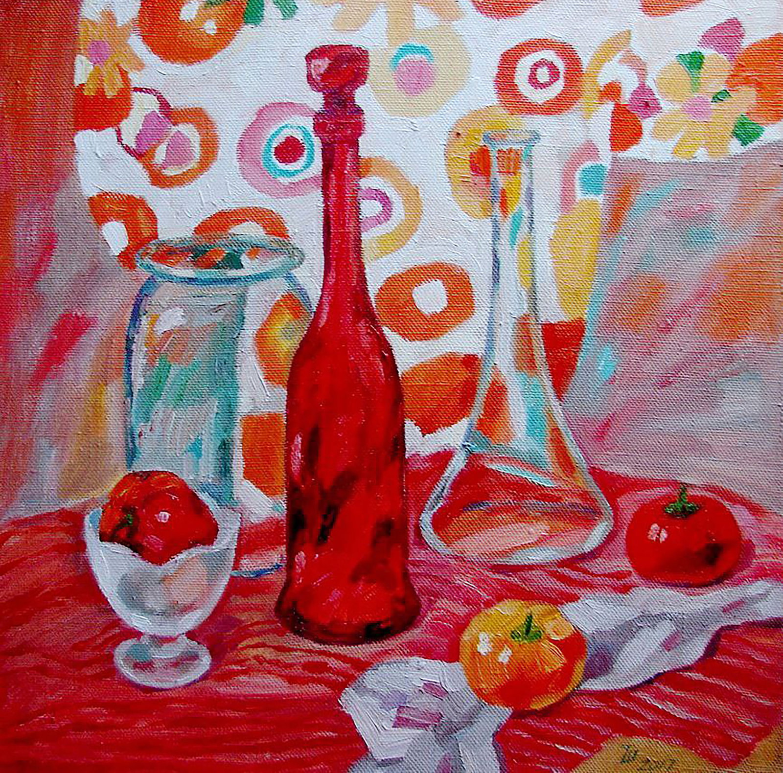 Oil painting Red still life Tatyana Shulyak: Title: Oil painting Red still life Tatyana Shulyak Description: 15SHUL Painter: Tatyana Shulyak Size: 60x60 cm/23.62x23.62 inches Components: oil, canvas Original painting CONDITION: excellent ARTIST: