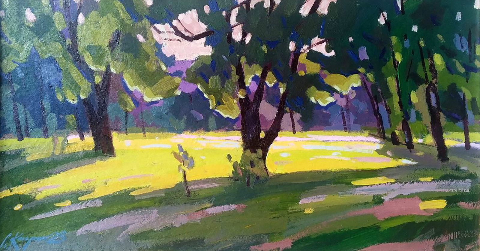 Acrylic painting In the park Serhii Kachyn: Title: Acrylic painting In the park Serhii Kachyn Description: 1KACH Painter: Serhii Kachyn Size: 32x59 cm/12.59x23.22 inches Components: acrylic, cardboard Original painting CONDITION: excellent ARTI
