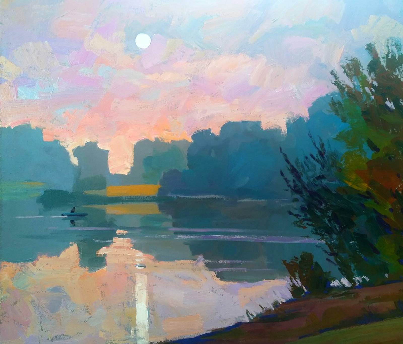 Acrylic painting Meeting the dawn on the river Serhii Kachyn: Title: Acrylic painting Meeting the dawn on the river Serhii Kachyn Description: 26KACH Painter: Serhii Kachyn Size: 75x85 cm/29.52x33.46 inches Components: acrylic, canvas Original painting CONDITION