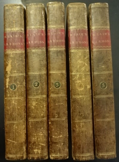 1794 Leather Sermons of Hugh Blair: Title: 1794 Leather Sermons of Hugh Blair Description: A mixed set of the "Sermons of Hugh Blair" two printed for Strahan and Cadell 1794 (volumes I and II) and volume III printed for Cadell and Davie