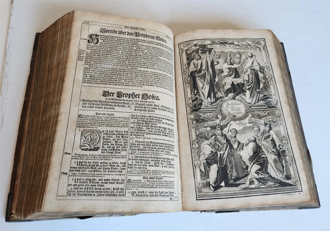 1755 BIBLE in GERMAN ANTIQUE illustrated PIGSKIN MASSIVE FOLIO w/ BRASS CORNERS - 12