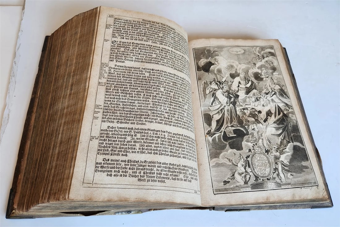 1755 BIBLE in GERMAN ANTIQUE illustrated PIGSKIN MASSIVE FOLIO w/ BRASS CORNERS - 13