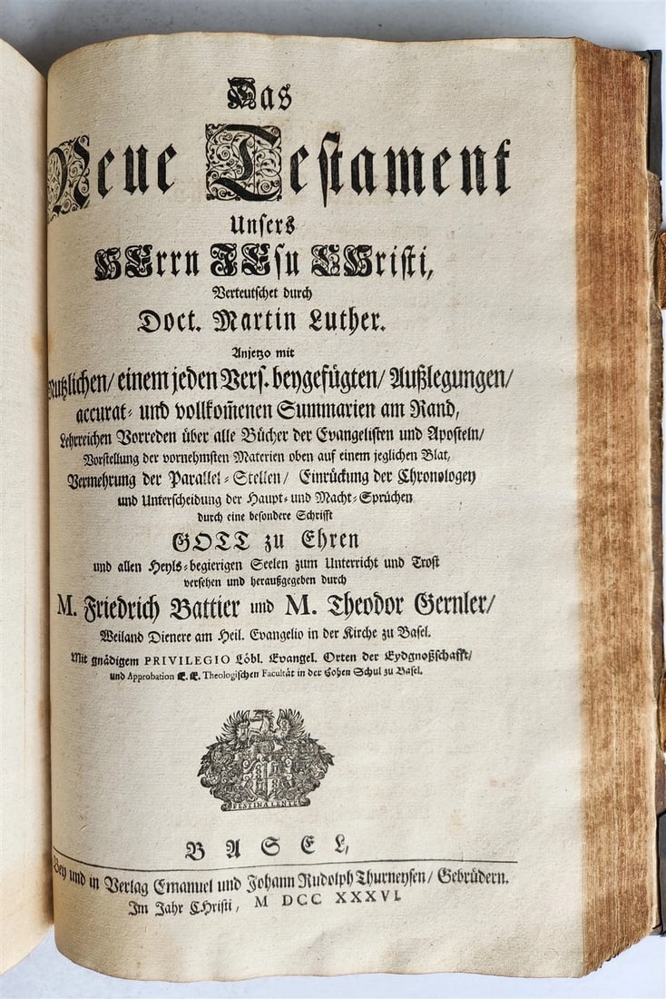 1736 SWISS LUTHER BIBLE antique PIGSKIN BOUND FOLIO w/ BRASS FITTINGS & CLASPS - 18