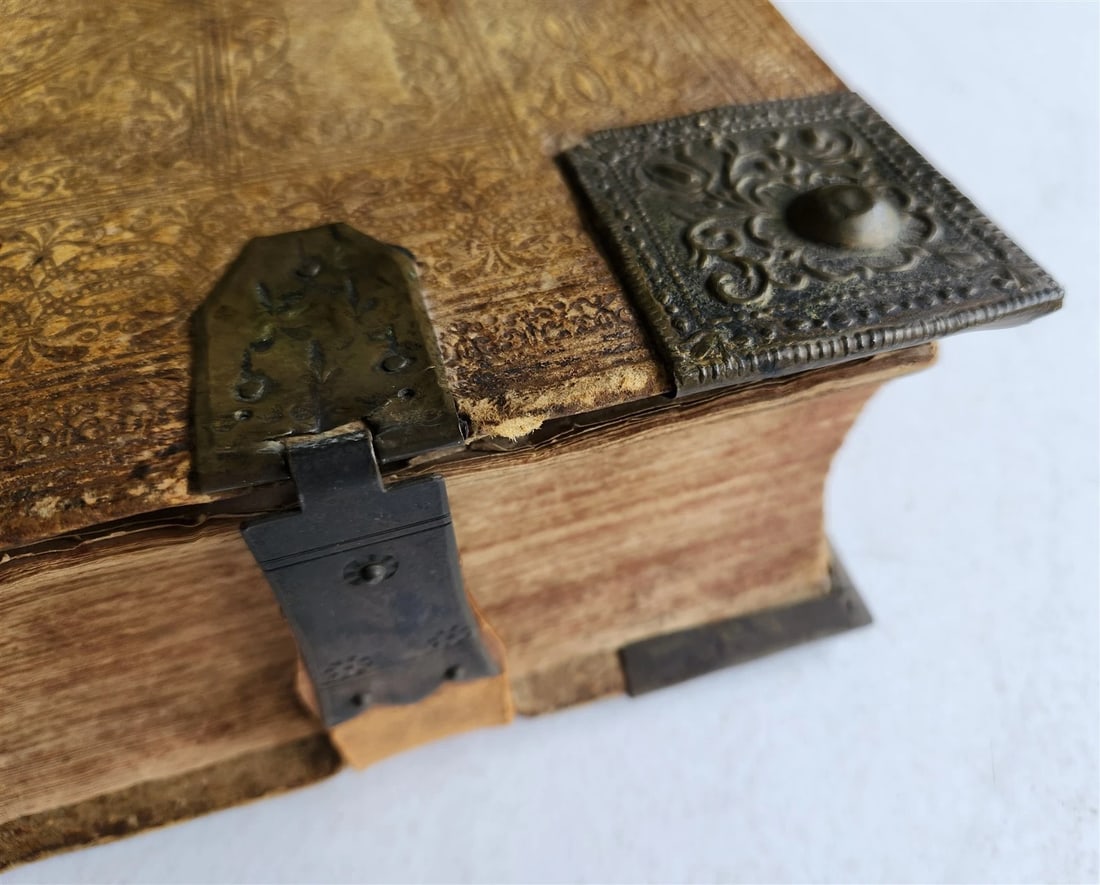 1736 SWISS LUTHER BIBLE antique PIGSKIN BOUND FOLIO w/ BRASS FITTINGS & CLASPS - 5