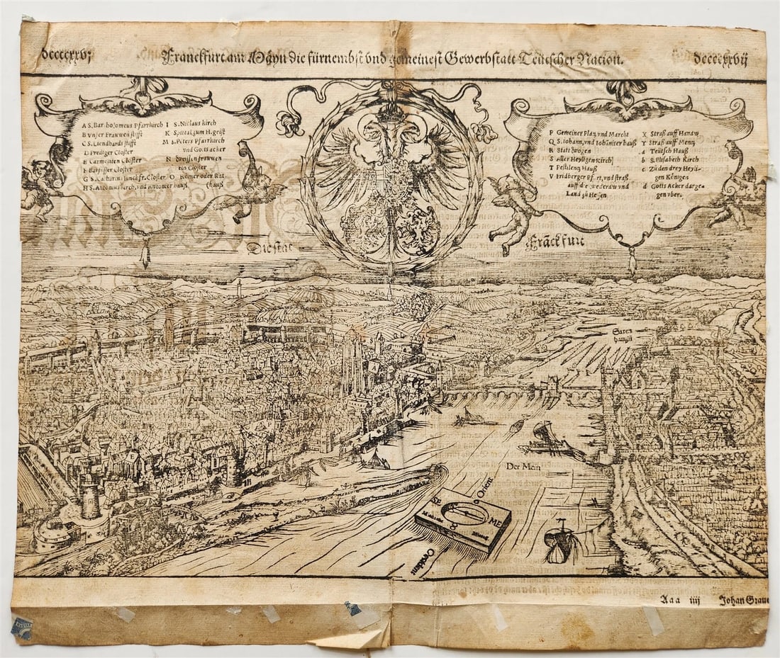 1572 FRANKFURT GERMANY from SEBASTIAN MUNSTER COSMOGRAPHY antique: Title: 1572 FRANKFURT GERMANY from SEBASTIAN MUNSTER COSMOGRAPHY antique Description: FRANKFURT, GERMANY from SEBASTIAN MUNSTER'S "COSMOGRAPHY"; 1572 Size 12 by 14.5 inches Double-sided Fold in the mi
