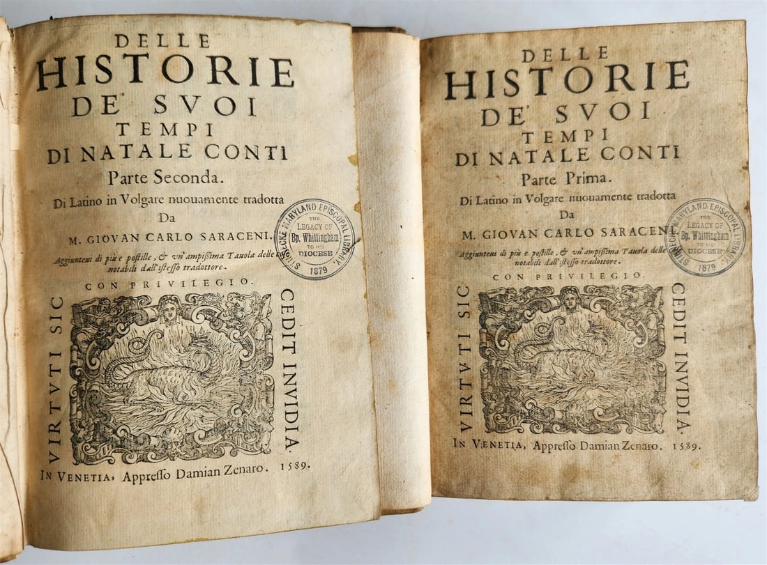 1589 HISTORY of ITALY by NATALE CONTI 2 VOLS antique VELLUM BOUND 16th CENTURY: Title: 1589 HISTORY of ITALY by NATALE CONTI 2 VOLS antique VELLUM BOUND 16th CENTURY Description: Conti (Natale) Delle historie de' suoi tempi 2 volumes Venice, Damian Zenaro; 1589 woodcut printer's