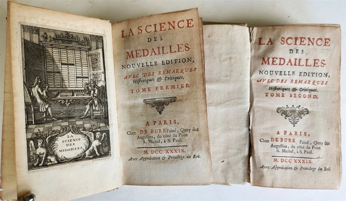 1739 LA SCIENCE des MEDAILLES antique 2 ILLUSTRATED VOLUMES VELLUM BOUND: Title: 1739 LA SCIENCE des MEDAILLES antique 2 ILLUSTRATED VOLUMES VELLUM BOUND Description: Jobert, Louis: La science des medailles. 2 volumes. Paris, chez De Bure ; 1739 xliv, (4), 464, (2), lvs, 11