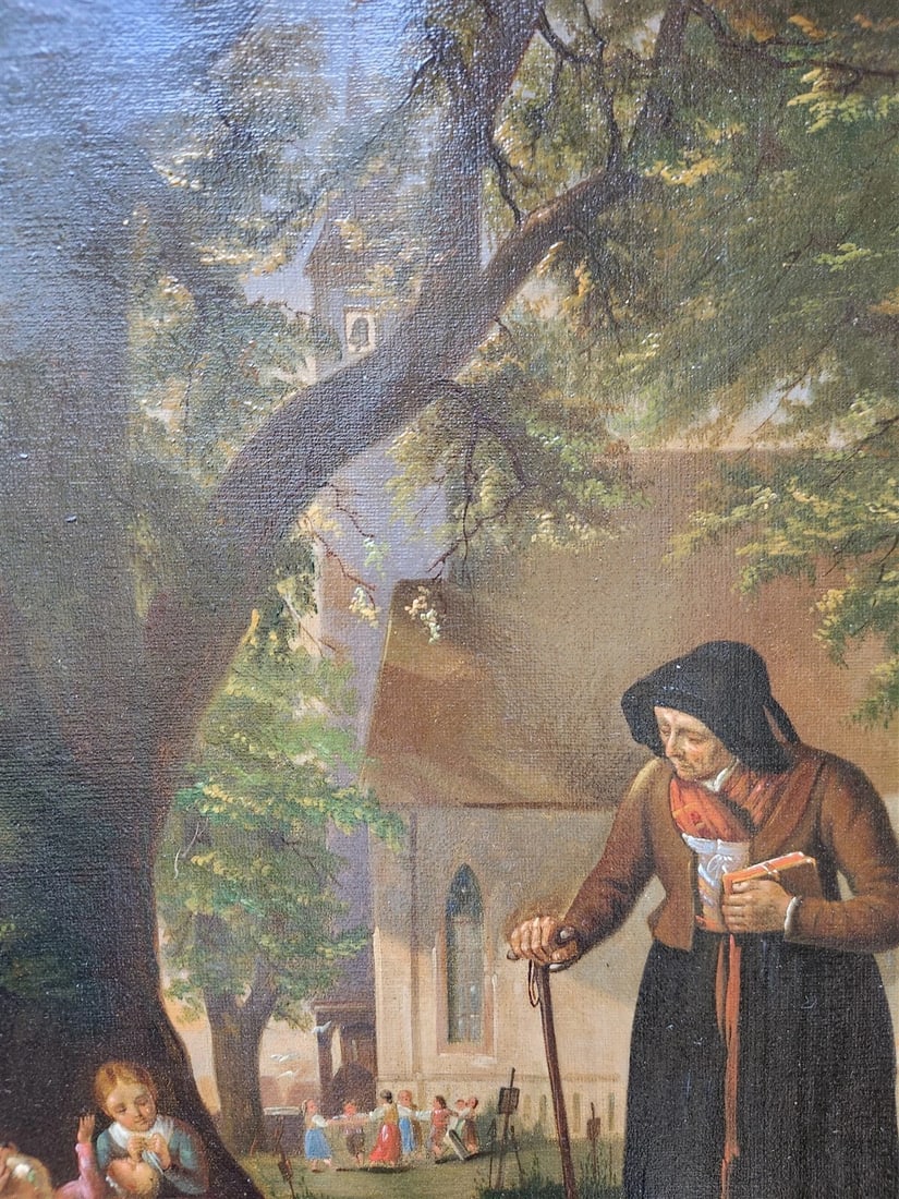 19TH century ANTIQUE PAINTING framed OLD LADY with KIDS - 5