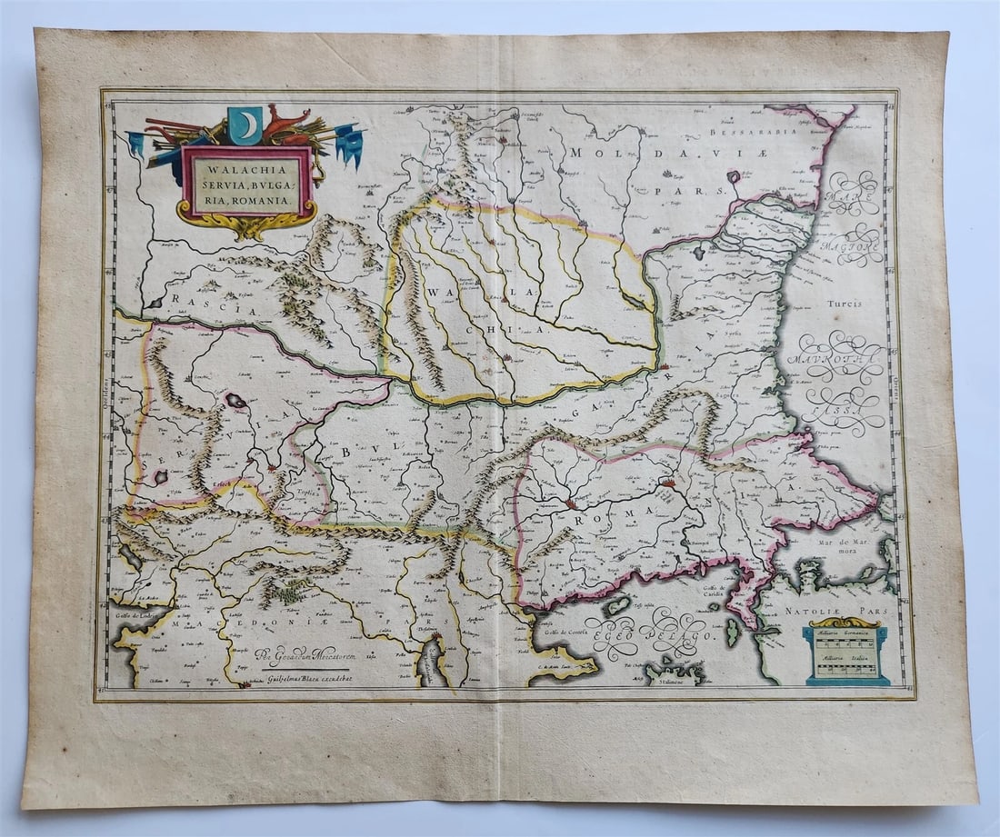 1640 SERBIA BULGARIA ROMANIA MAP by WILLEM BLAEU antique AUTHENTIC hand colored (1 of 4)