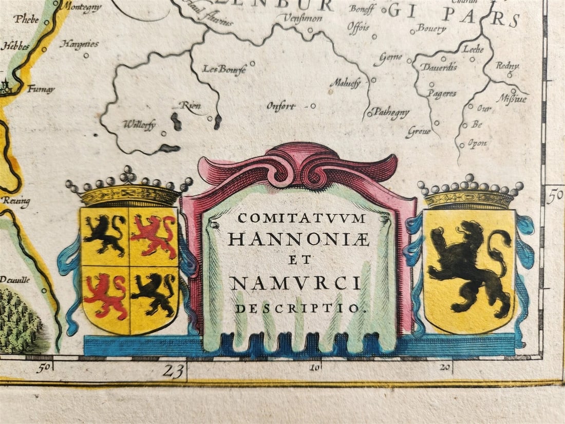 1640 MAP of Hainaut Namur BELGIUM by WILLEM BLAEU antique AUTHENTIC hand colored - 2