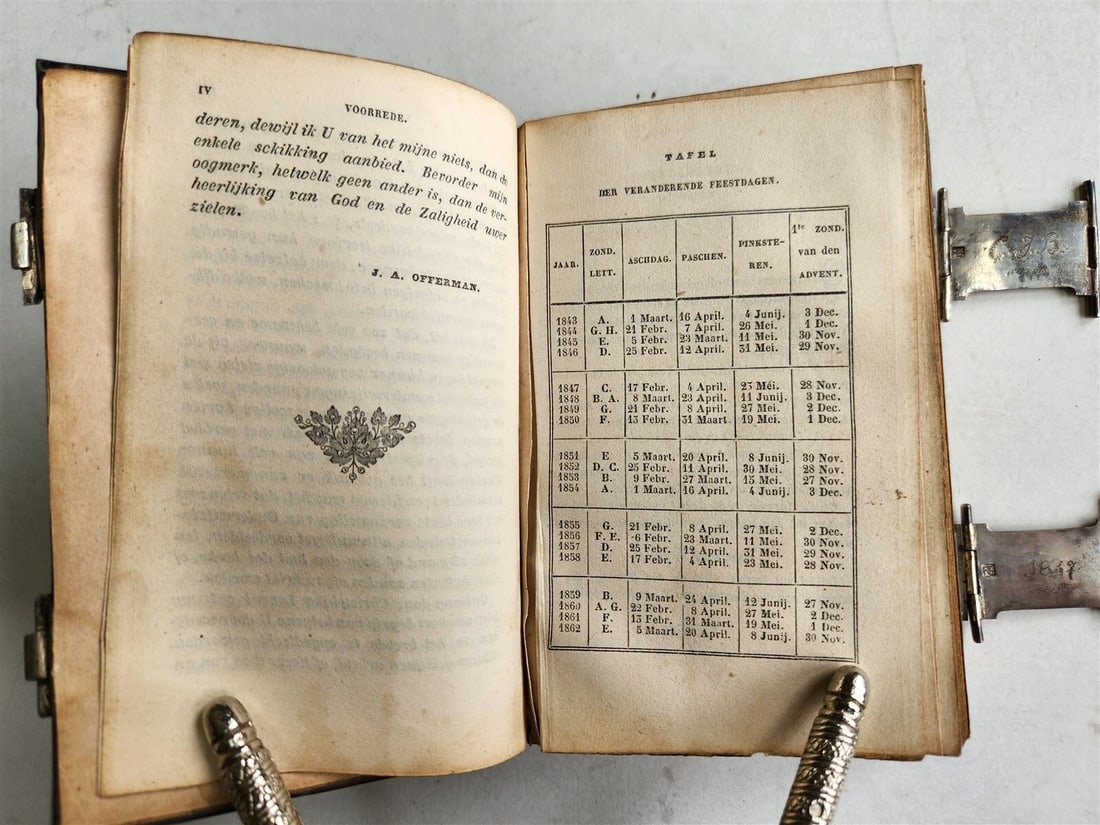 1843 DUTCH CHURCH BOOK antique w/ SILVER EDGES & CLASPS - 12
