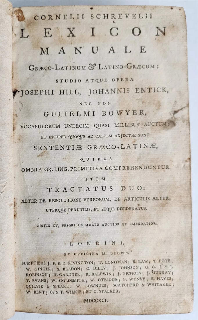 1791 GREEK LATIN DICTIONARY antique LEXICON MANUALE Graeco-Latinum: Title: 1791 GREEK LATIN DICTIONARY antique LEXICON MANUALE Graeco-Latinum Description: Cornelii Schrevelii LEXICON MANUALE Graeco-Latinum & Latino-Graecum London; 1791 Size 5 1/2 by 8 1/3" Original