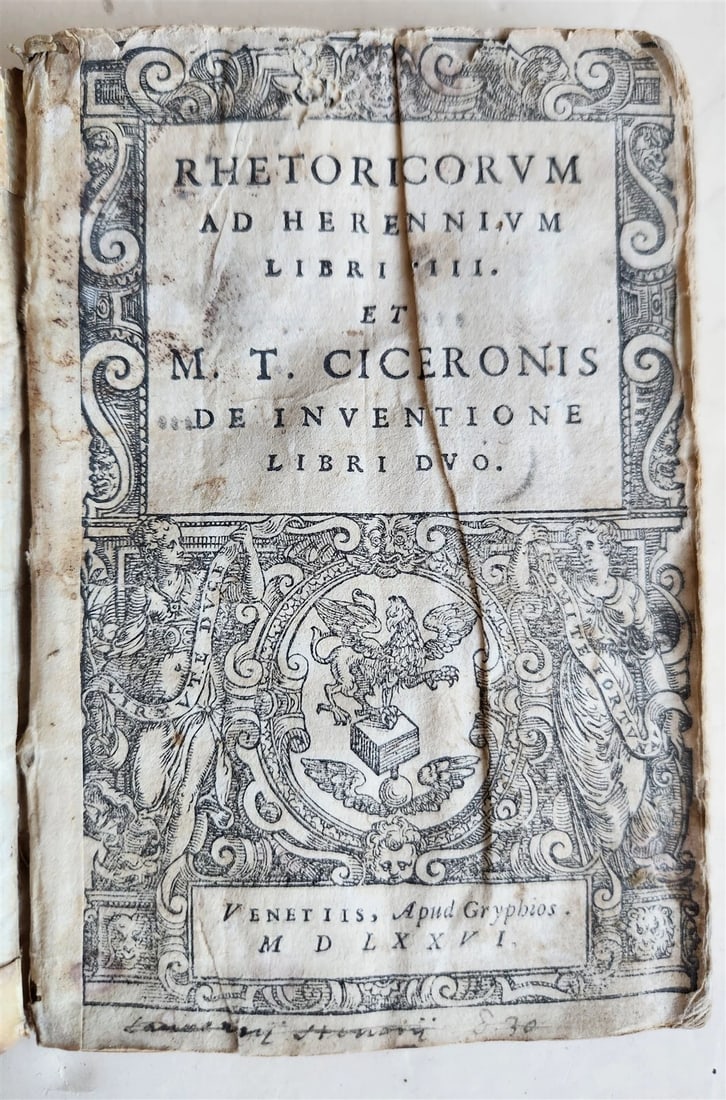 1576 CICERO Rhetoricorum ad Herennium antique 16th CENTURY vellum binding: Title: 1576 CICERO Rhetoricorum ad Herennium antique 16th CENTURY vellum binding Description: Cicero, M.T. Rhetoricorum ad Herennium libri IIII et M.T. Ciceronis De inventione libri duo. Venice, for
