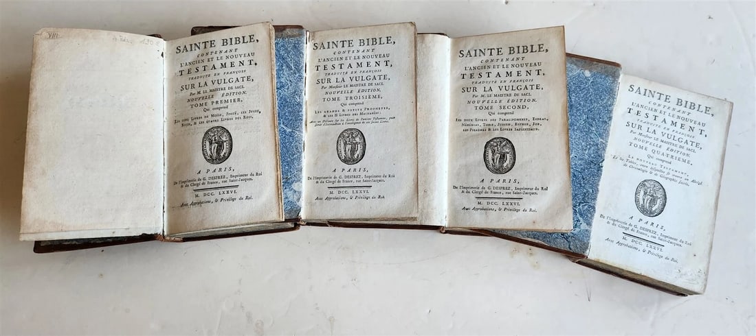 1776 BIBLE in FRENCH 4 VOLUMES antique OLD & NEW TESTAMENT: Title: 1776 BIBLE in FRENCH 4 VOLUMES antique OLD & NEW TESTAMENT Description: [BIBLIA GALLICA - OLD AND NEW TESTAMENT] Sainte Bible, contenant l'ancien et le nouveau Testament, trad. en Francois sur
