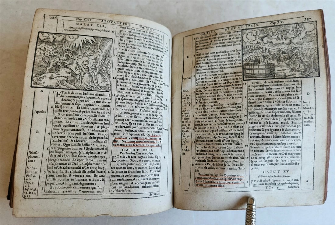 1602 BIBLE in LATIN ILLUSTRATED w/ MAP & NUMEROUS WOODCUTS antique - 10