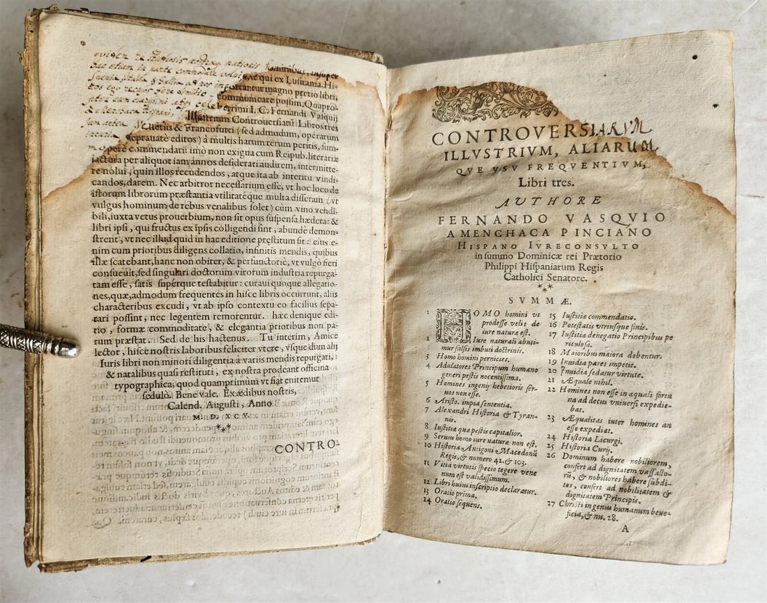 1595 LAW BOOK by Spanish jurist Vasquez de Menchaca antique PIGSKIN BINDING - 8