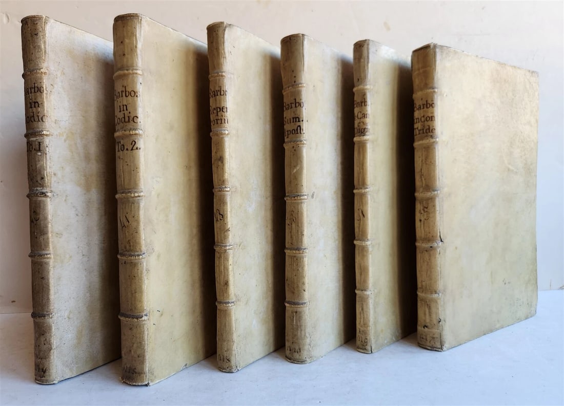 1701-1715 CANON LAW 6 FOLIO VOLUMES by AUGUSTINI BARBOSAE antique VELLUM BINDING - 2