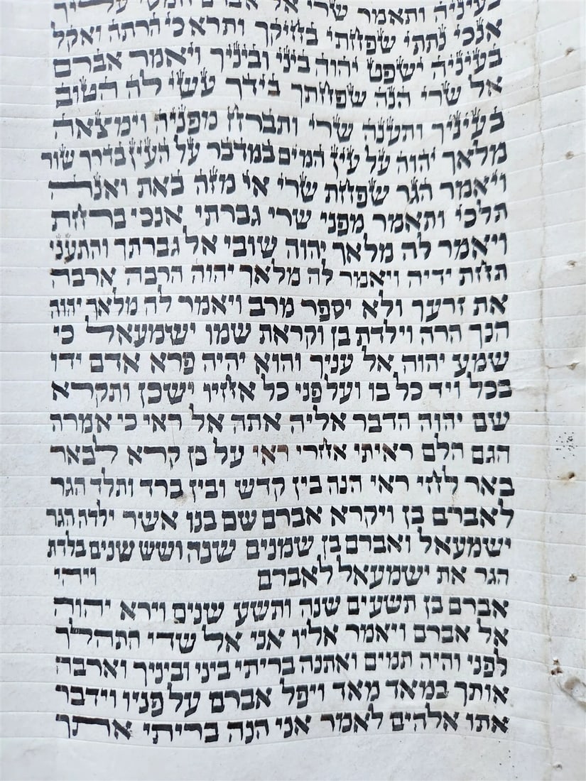TORAH SCROLL FRAGMENT MANUSCRIPT on VELLUM antique BIBLE GENESIS 15:16-19:14 - 5
