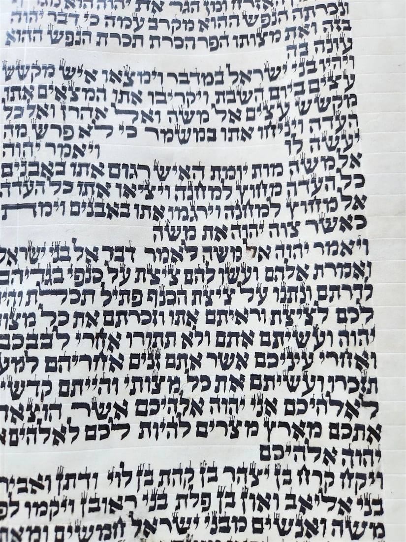 TORAH SCROLL FRAGMENT MANUSCRIPT on VELLUM antique BIBLE NUMBERS 14:45-16:25 - 5