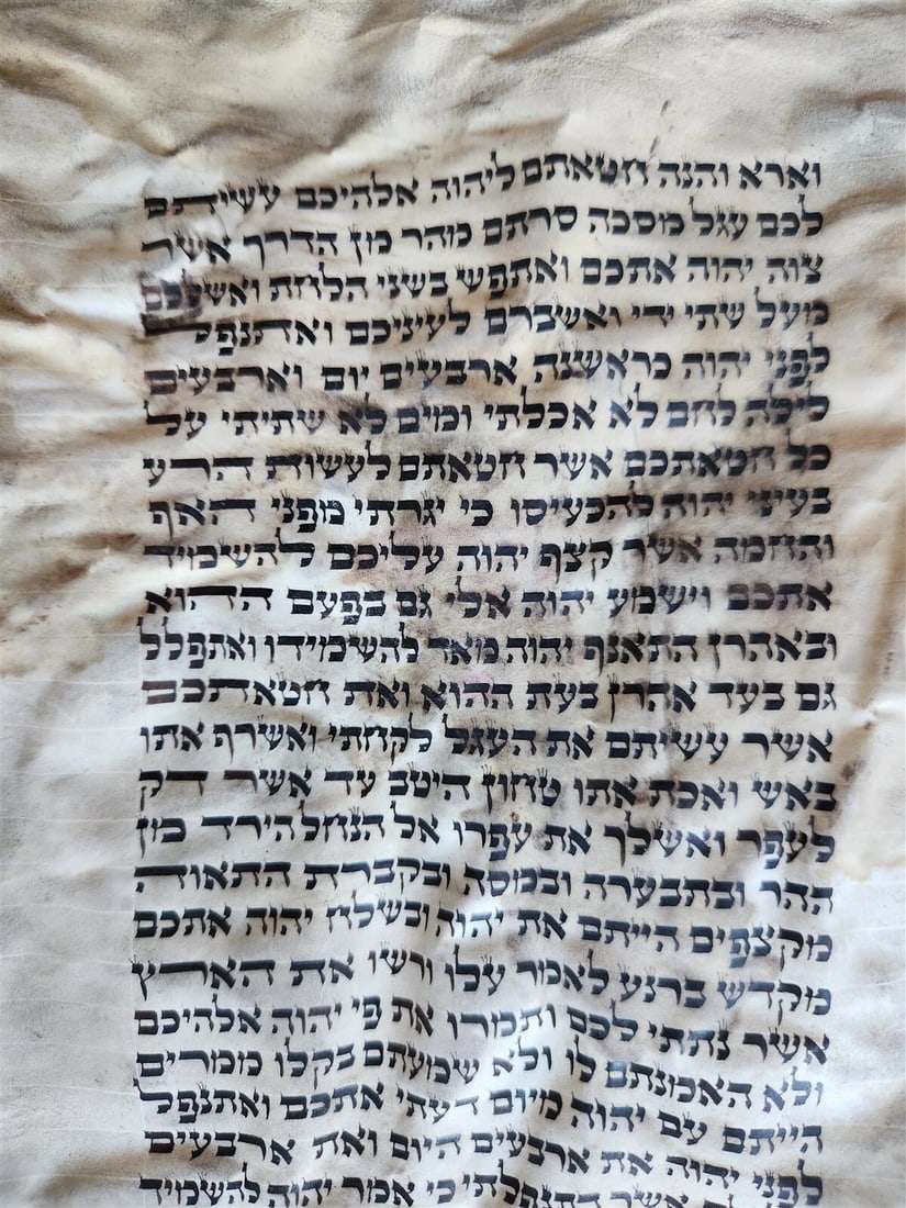 TORAH SCROLL FRAGMENT MANUSCRIPT on VELLUM antique BIBLE DEUTERONOMY 7:26-1:4 - 5