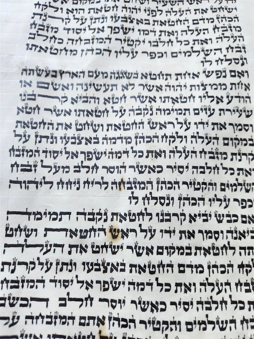 TORAH SCROLL FRAGMENT MANUSCRIPT on VELLUM antique BIBLE LEVITICUS 4:23-6:3 - 6