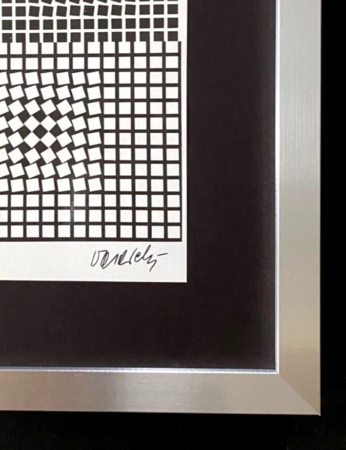 VICTOR VASARELY PRINT FROM 1970 + SIGNED GEOMETRIC ABSTRACT +NEW FRAME 14x11in. - 2