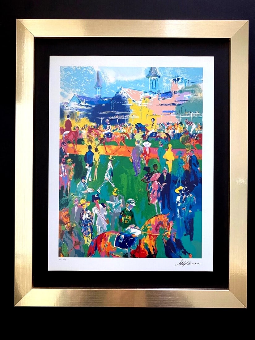 LeRoy Neiman " At the Paddock" Signed Pop Art Mounted and Framed: Beautiful and Scarce Original 1991 Print After Leroy Neiman " At the Paddock " Signed on the Plate This piece is mounted on a 11 x 14 in. black acid free premium black board. Framed covers an area